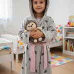 Dečiji bade mantil za devojčice, svetlosiva boja sa ježićima, roze pojas, 100% pamuk