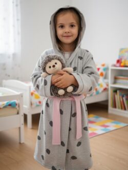 Dečiji bade mantil za devojčice, svetlosiva boja sa ježićima, roze pojas, 100% pamuk