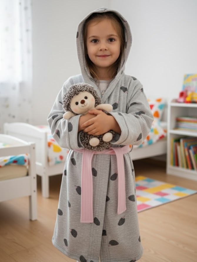 Bade mantil za devojčice – pamuk Arilje – dezen ježići Dečiji bade mantil za devojčice, svetlosiva boja sa ježićima, roze pojas, 100% pamuk