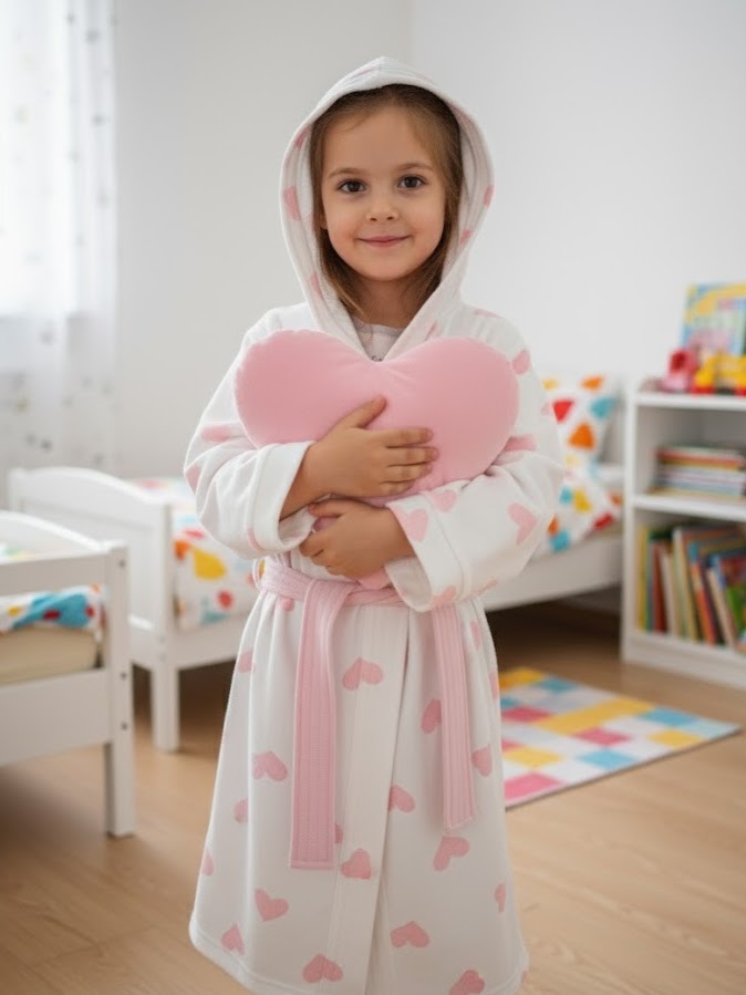Dečiji ženski bade mantil sa kapuljačom i srcima, 100% pamuk, veličine 2–14