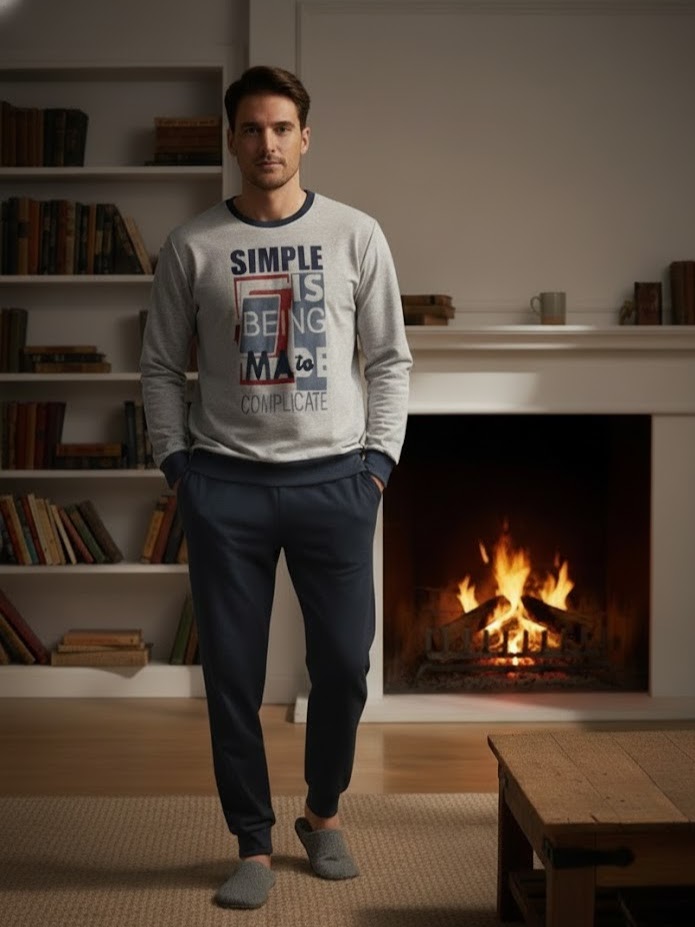 Muška pidžama svetlosiva sa printom, tamnoplavi donji deo, 100% pamuk, veličine M–XXL