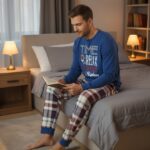 Muška pidžama plava sa printom „Time to Explore“, karirane pantalone, 100% pamuk, veličine M–XXL