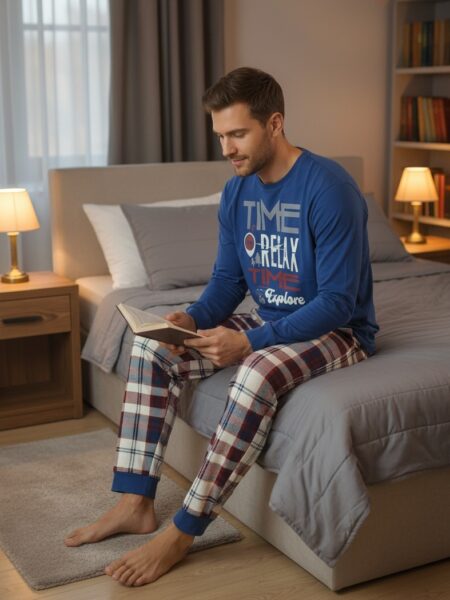 Muška pidžama plava sa printom „Time to Explore“, karirane pantalone, 100% pamuk, veličine M–XXL