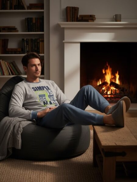 Muška pidžama svetlosiva sa printom „Simple is beautiful“, svetloplavi donji deo, 100% pamuk, veličine M–XXL