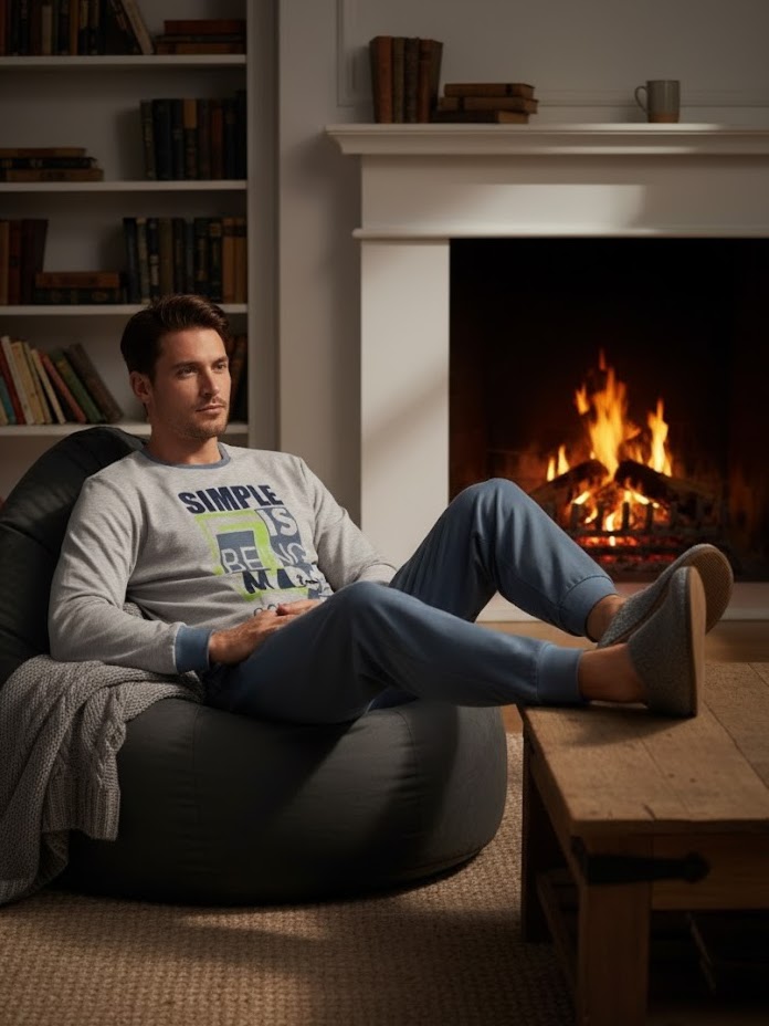 Muška pidžama svetlosiva sa printom „Simple is beautiful“, svetloplavi donji deo, 100% pamuk, veličine M–XXL