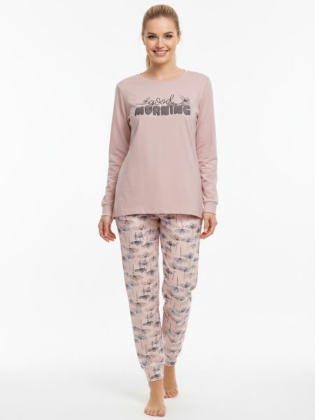 Ženska pidžama sa printom “Good Morning” i vilinim konjicima – udobna, roze boje, savršena za spavanje