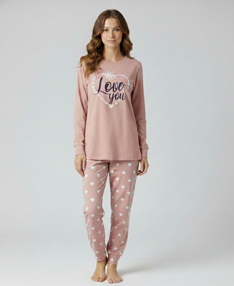Ženska pidžama Art. 531072-4 od pamuka i elastana, roze pidžama dugih rukava