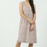 Ženska pamučna spavaćica Dejana 531044 bež, cvetni print, bez rukava – Lotos Arilje