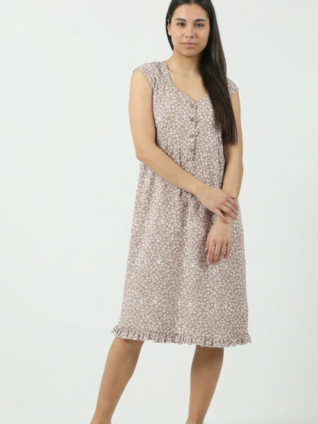 Ženska pamučna spavaćica Dejana 531044 bež, cvetni print, bez rukava – Lotos Arilje