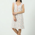 Ženska pamučna spavaćica Dejana 531044 bela, roze-sivi print, bez rukava – Lotos Arilje