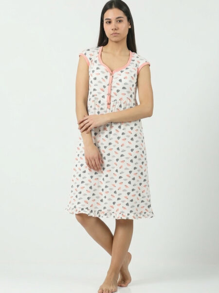 Ženska pamučna spavaćica Dejana 531044 bela, roze-sivi print, bez rukava – Lotos Arilje