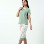 Ženski pamučni bebi dol 1200 zelena, majica sa dugmićima i 3/4 pantalone – Lotos Arilje